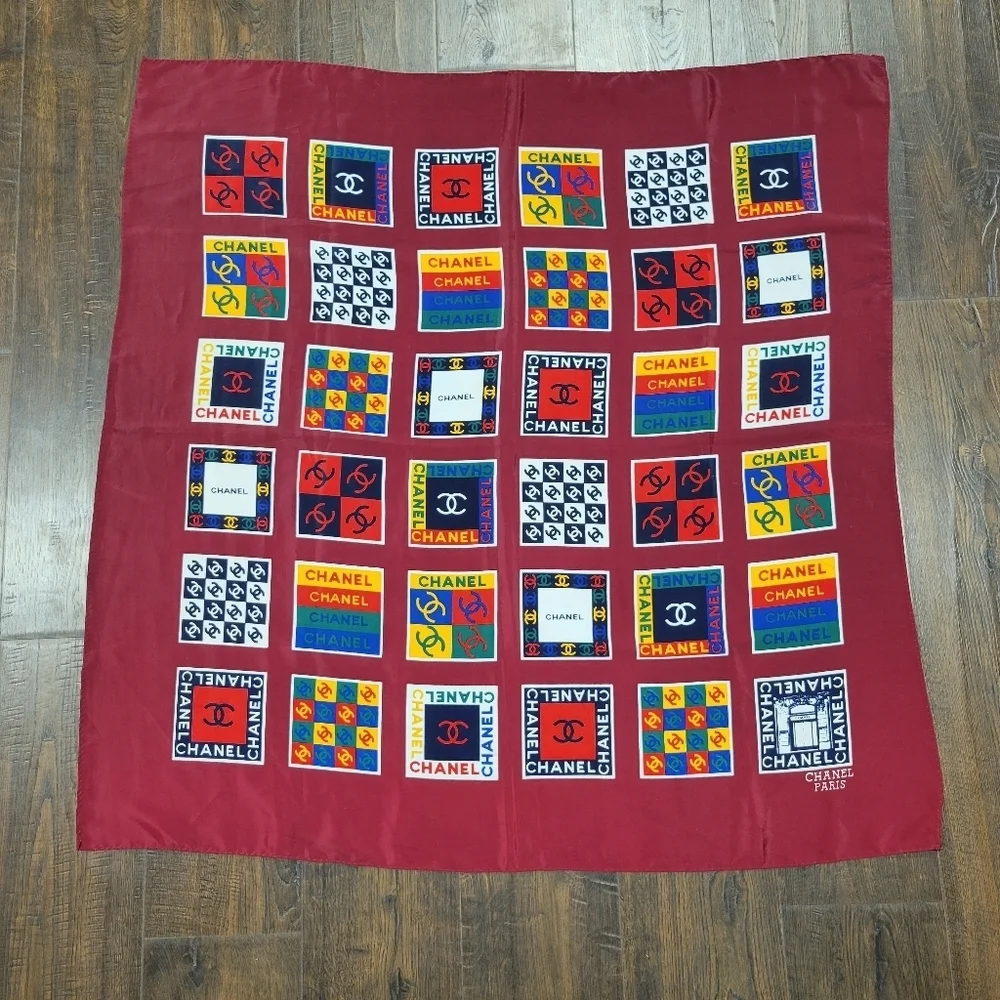 CHANEL Vibrant Geometric Logo Multicolor 100% Silk Scarf Burgundy 35x35
